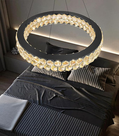 Modern Ring Chandelier, Crystal Chandeliers for Dining Room Round LED Ceiling Light Fixture for Living Room Bedroom Lighting Dimmable with Remote Black