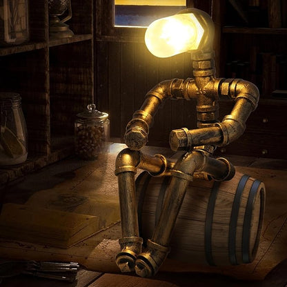 Steampunk Decor Table Lamp for Men Unique Creative Robot Style Desk Lamp,Vintage Industrial Metal Pipe Water Pipe Light, Home Decor Ideal for Bedrooms,Study. (Bronze B)