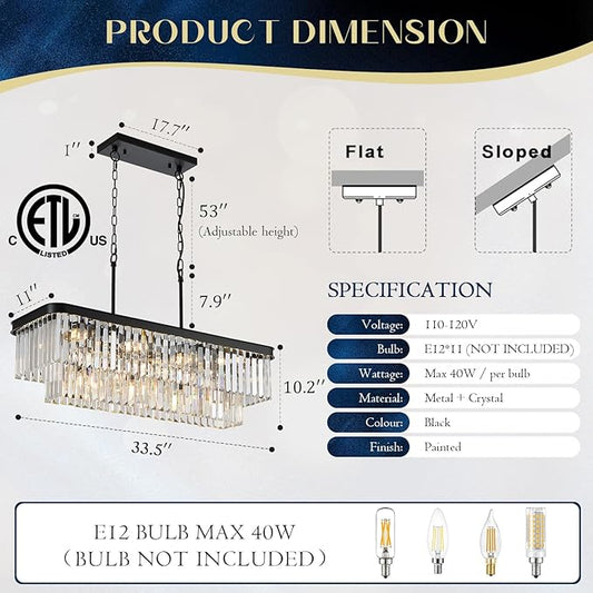 Modern Rectangular Crystal Chandeliers for Dining Room 11 Lights L33.5” Black Rectangle Chandelier Luxury K9 Crystal Ceiling Pendant Light Fixture for Kitchen Island Bar
