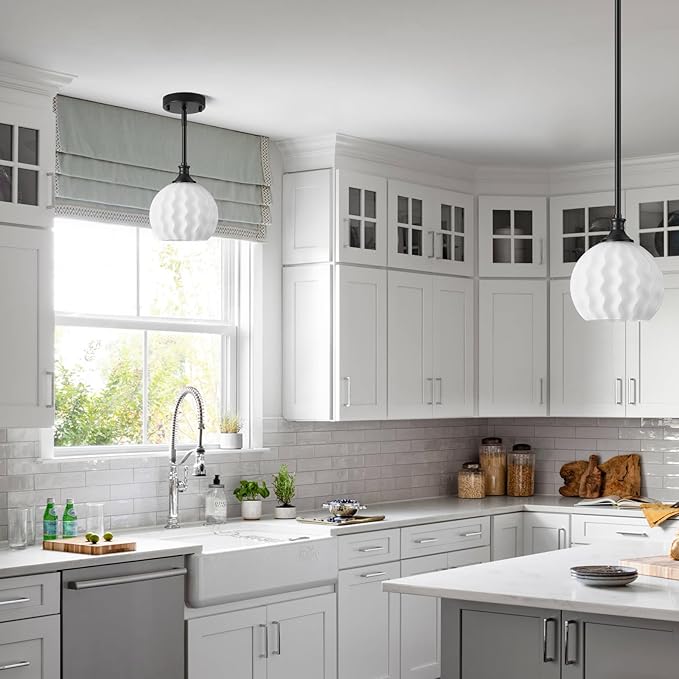 Black Pendant Lights Kitchen Island with Frosted Milk Glass, 1-Light 7.3" Modern Pendant Light Fixtures, Height Adjustable Single Globe Hanging Lighting for Kitchen Sink Bathroom, E26 Base