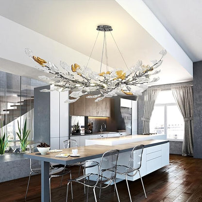 Modern Chandeliers for Dining Room，AioTio L47.2''Long Unique Glass Ginkgo Leaf Dining Chandeliers Over Table,Large Rectangle Tree Branch Ceiling Hanging Black Chandelier for Living Room,Kitchen Island