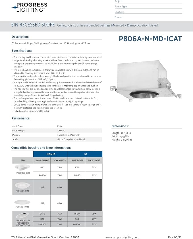 Progress Lighting P806A-N-MD-ICAT 6" Recessed Slope Ceiling New Construction IC Housing 6" Trim