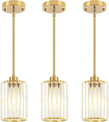 3 Pack Brushed Brass Pendant Lights Kitchen Island, Modern Crystal Pendant Lighting Over Island Kitchen Hanging Light Fixtures Adjustable Pendant Light for Dining Room Bathroom Entryway Hallway Foyer