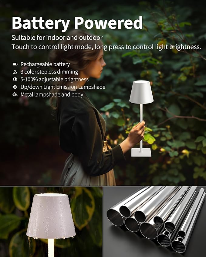 KDG 2 Pack Cordless Table Lamp, Portable LED Desk Lamp, 5000mAh Battery Operated, 3 Color Stepless Dimming Up, for Restaurant/Bedroom/Bars/Outdoor Party/Camping/Coffee Shop Night Light(White)