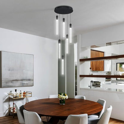 Luxury 6 Light Modern Crystal Pendant Light - 71" High Ceiling Black LED Dimmable Pendant Light for Bedside Island Kitchen Living Room