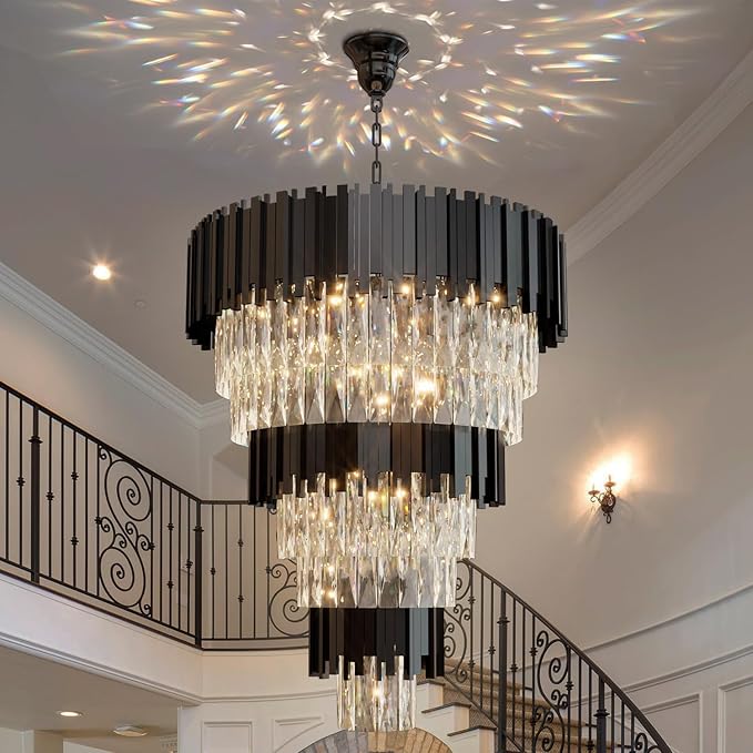 Large 8-Tier Crystal Chandeliers, 24in Black Crystal Chandelier, Luxury Round Adjustable Height Chandelier Lighting Fixture for High Ceiling, Entryway, Foyer