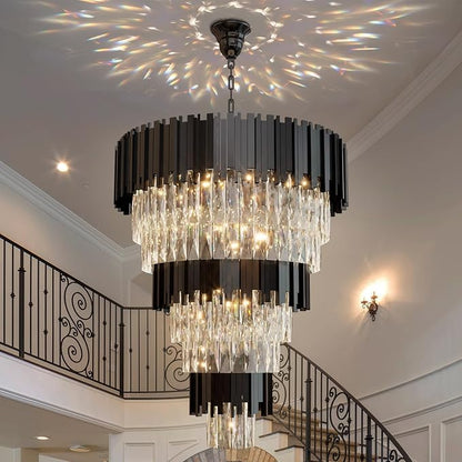 Large 8-Tier Crystal Chandeliers, 24in Black Crystal Chandelier, Luxury Round Adjustable Height Chandelier Lighting Fixture for High Ceiling, Entryway, Foyer