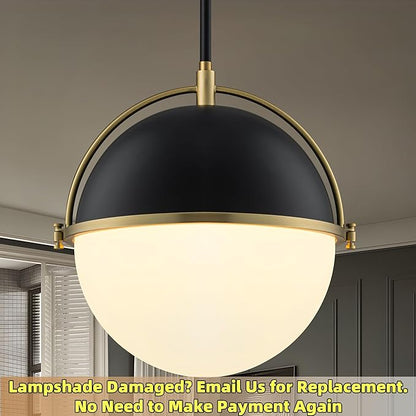 Globe Pendant Lights Kitchen Island, Black and Gold 11.4 Inch Pendant Light Fixtures with Milk Globe Glass Shade, Pendant Lighting for Dining Room Cafes Restaurants Living Room