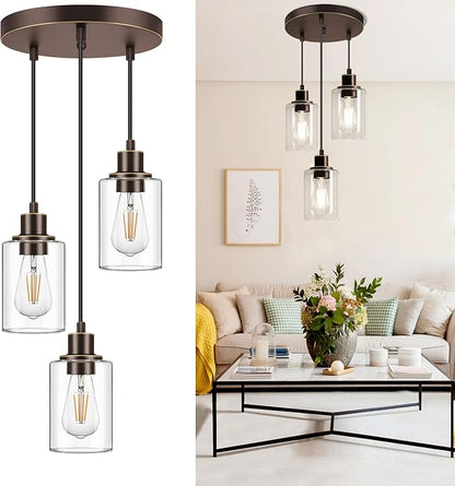 MAXvolador Industrial 3-Light Pendant Light, Adjustable Hanging Light Fixture with Clear Glass Shade, Pendant Lighting E26 Base Ceiling Lamp, Oil-Rubbed Bronze