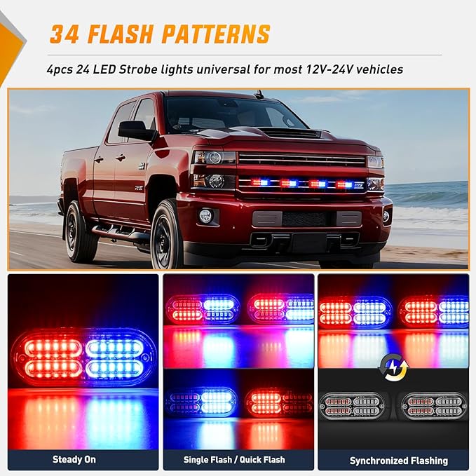 Nilight 4PCS 24LED Emergency Strobe lights 12V 24V Red Blue Surface Mount Grille Hazard Safety Warning Light Sync Feature Side Flashing Marker Flash for Car Truck Campers