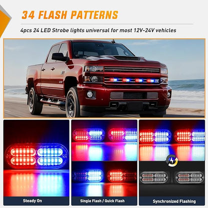 Nilight 4PCS 24LED Emergency Strobe lights 12V 24V Red Blue Surface Mount Grille Hazard Safety Warning Light Sync Feature Side Flashing Marker Flash for Car Truck Campers