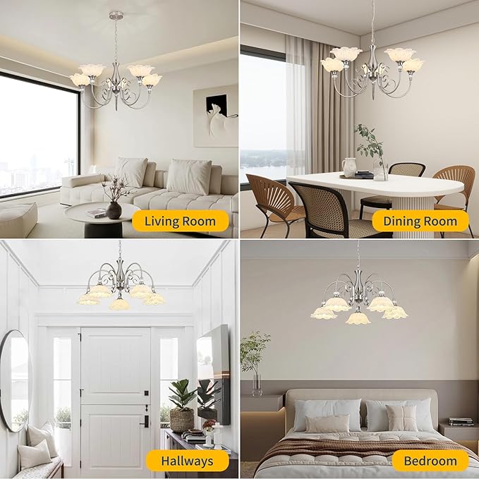 5-Light Chandeliers in Brushed Nickel Finish with White Glass Shades, Brushed Nickel Chandelier Light for Dining Room,Hallway,Kitchen