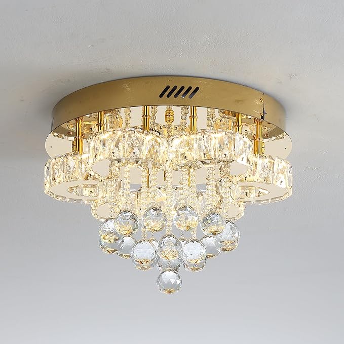 Flashing God 16" Gold Crystal Chandelier Semi Flush Mount Ceiling Light Crystal Close to Ceiling Light Fixtures for Bedroom Living Room Kitchen Hallway Dimmable Lighting 2700k 4500k 6000k