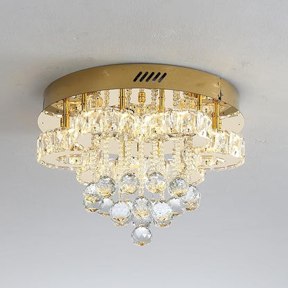 Flashing God 16" Gold Crystal Chandelier Semi Flush Mount Ceiling Light Crystal Close to Ceiling Light Fixtures for Bedroom Living Room Kitchen Hallway Dimmable Lighting 2700k 4500k 6000k