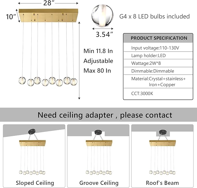 8 Lights Gold Raindrop Rectangle Chandelier, Modern Bubble Crystal Chandelier for Dining Room, Large Pendant Light for High Ceilings Staircase Foyer Entryway Living Room Kitchen Island