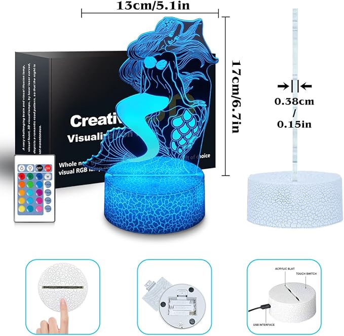 Mermaid Night Light Gifts for Girls, 3D Illusion 16 Color Change Decor Bedside Lamp with Remote and Smart Touch, Gifts for Christmas Birthday Kids
