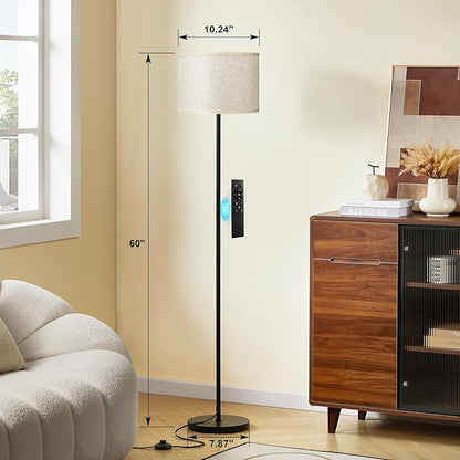 Ambimall 60'' Modern Floor Lamp with Remote, Tall Lamps for Living Room, Bedroom, Office, Dining Room, Beige Shade with Black Pole(Included Bulb)