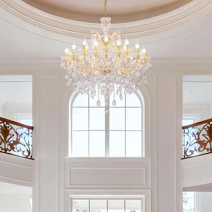 Modern Large Gold Chandelier Light Fixtures, 18 Lights 2 Layers Luxury Maria Theresa Crystal Chandeliers for Dining Room, High Ceiling, Living Room, Foyer, Staircase, Lobby