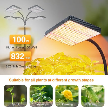 FECiDA 2026 4Head Grow Lights with Upgraded Stand, Big Coverage Grow Lights for Indoor Large Plants, Bonsai Tree, 4/8/12/16/20 Hr Timer, 100 Watt Power Draw, NO Need Adapter, 24"-76" Height Adjustable