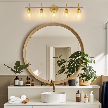 Bathroom Vanity Light, 5-Light Brushed Gold Modern Bathroom Light Fixtures with Clear Shades, Vanity Lighting Fixtures Over Mirror (Exclude Bulb)