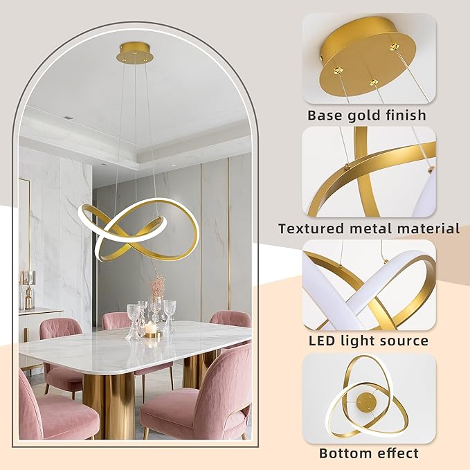 MAYNA LED Chandelier with Remote Control, 3-Color Modern Dimmable LED Pendant Light Fixtures, Height Adjustable Kitchen Light Fixtures for Dining Room Kitchen Entryway Living Room, Gold 25.6 inch