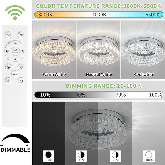 HOPGGIE 12 Inch Crystal Chandeliers LED Ceiling Light Flush Mount Ceiling Light Fixtures Modern Chandelier Light for Kitchen Closet Hallway Bedroom Foyer Laundry Room (Dimmable)