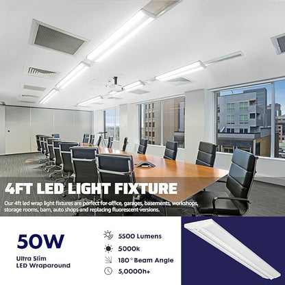 ANTLUX 4FT LED Wraparound Light Fixture 50W Ultra Slim LED Shop Lights for Garage, No Glare, 5500 Lumens, 5000K, 4 Foot Flush Mount Office Ceiling Wrap Light for Workshop Kitchen, 4 Pack