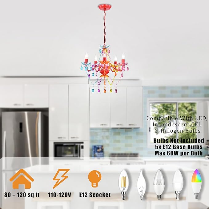 Colorful Small Crystal Chandelier for Girls Bedroom, 5-Light Acrylic Chandelier Lighting Fixture, Kids Room Nursery Ceiling Light for Closet, Playroom, Bathroom, Entryway