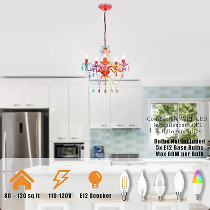 Colorful Small Crystal Chandelier for Girls Bedroom, 5-Light Acrylic Chandelier Lighting Fixture, Kids Room Nursery Ceiling Light for Closet, Playroom, Bathroom, Entryway