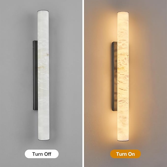 LMQNINE Natural Alabaster Wall Sconces Set of Two Spanish Marble Wall Light Cylinder Modern Black LED Sconce for Living Room Bedroom Bathroo Stairs（L-2Pack）
