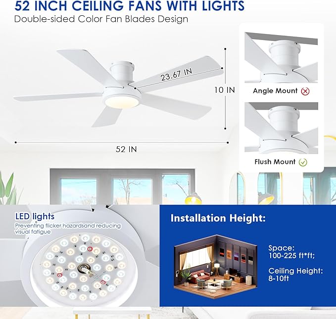 Hounberi52 Inch Flush Mount Ceiling Fan with Lights and Remote, Modern Quiet DC Motor Low Profile Ceiling Fan for Low Ceilings, 5 Reversible Blades, 6 Speeds Dimmable, Indoor Outdoor Bedroom, White