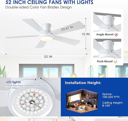 Hounberi52 Inch Flush Mount Ceiling Fan with Lights and Remote, Modern Quiet DC Motor Low Profile Ceiling Fan for Low Ceilings, 5 Reversible Blades, 6 Speeds Dimmable, Indoor Outdoor Bedroom, White