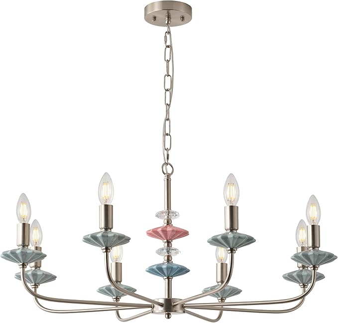 Brushed Nickel Chandeliers for Dining Room Light Fixture Over Table,8-Light Art Deco Chandelier, Modern Vintage Chandelier with Ceramic,Farmhouse Chandelier for Girls Bedroom,Living Room