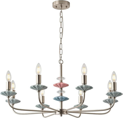 Brushed Nickel Chandeliers for Dining Room Light Fixture Over Table,8-Light Art Deco Chandelier, Modern Vintage Chandelier with Ceramic,Farmhouse Chandelier for Girls Bedroom,Living Room