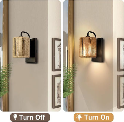Boho Wall Sconce, Rattan Wall Light Fixtures with Hemp Rope Sconces for Living Room Bathroom Hallway Rustic Bohemian Modern Woven Scocne E26 10inch