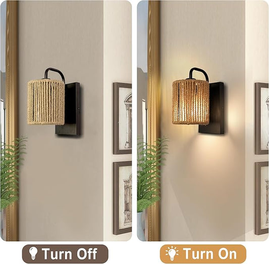 Boho Wall Sconce, Rattan Wall Light Fixtures with Hemp Rope Sconces for Living Room Bathroom Hallway Rustic Bohemian Modern Woven Scocne E26 10inch