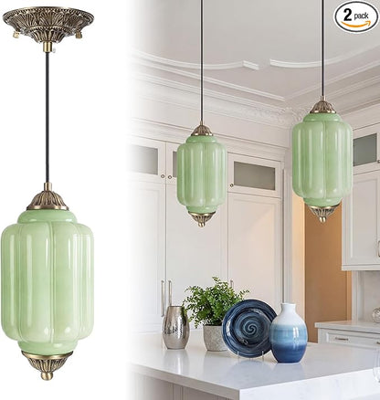 Gerrii 2 Pack Vintage Milk Glass Pendant Lights 5.5″ Green Brass Ceiling Hanging Light Fixtures Antique Pendant Lighting for Kitchen Island, Dining Room, Bedroom, Hallway, E12 Bulb Included