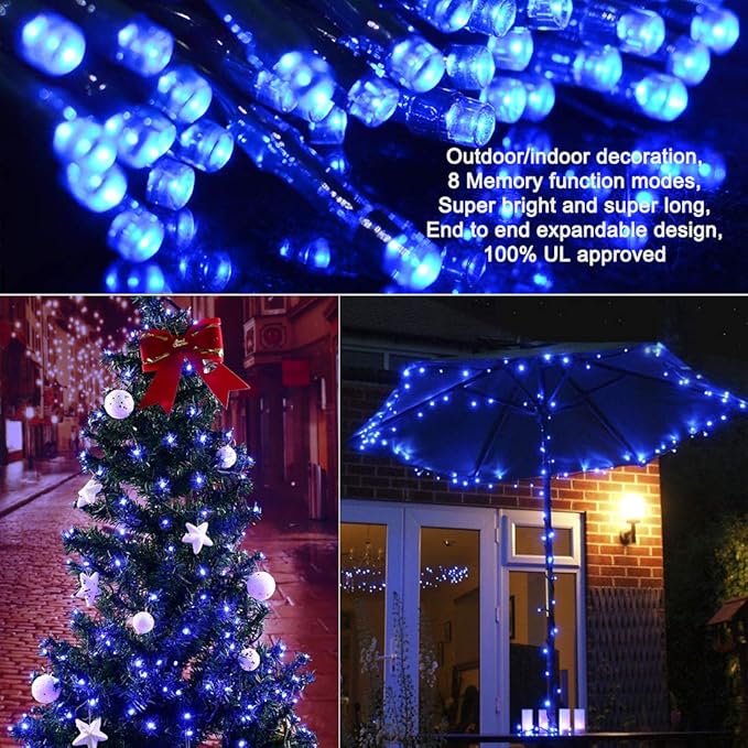 Christmas String Lights Blue - 320 LEDs 35m/115ft 8 Modes End-to-End Plug in Outdoor Waterproof Decorative Fairy Twinkle Indoor Christmas Tree Lights for Halloween/Home/Patio/New Year/Room/Wedding