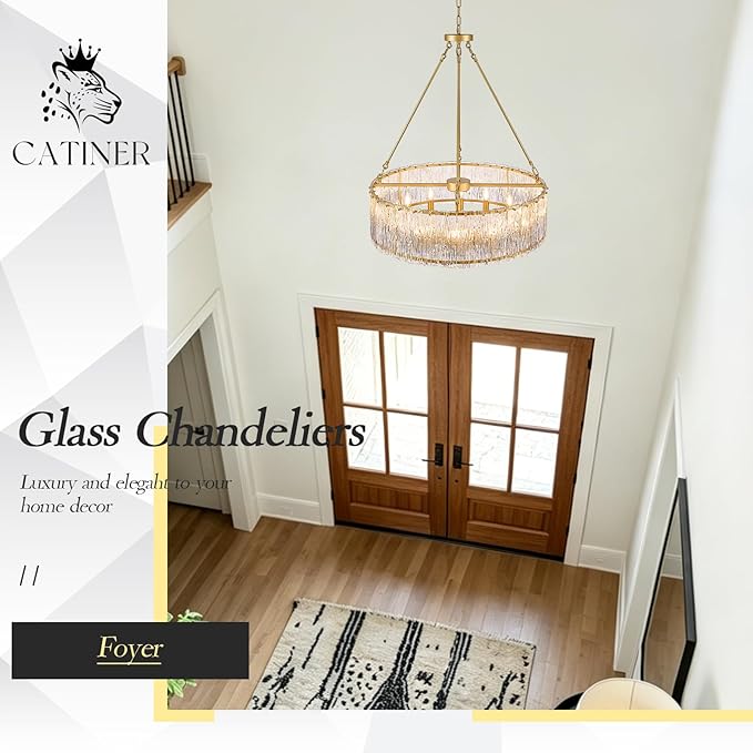CATINER 30" Modern Gold Drum Chandelier Luxury Crystal Glass Chandeliers 12 Lights Ceiling Pendant Lighting Fixture for Living Room Dining Room Foyer Bedroom