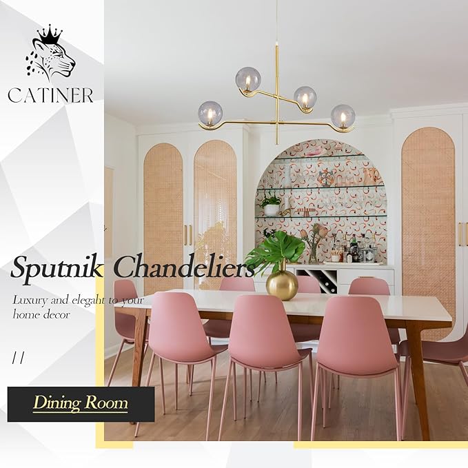 CATINER Gold Sputnik Chandelier, Large Modern 4 Lights L31 '' Mid Century Long Ceiling Pendant Light Fixture with Smoke Glass Globe Shades for High Ceiling Living Dining Room Foyer Bedroom
