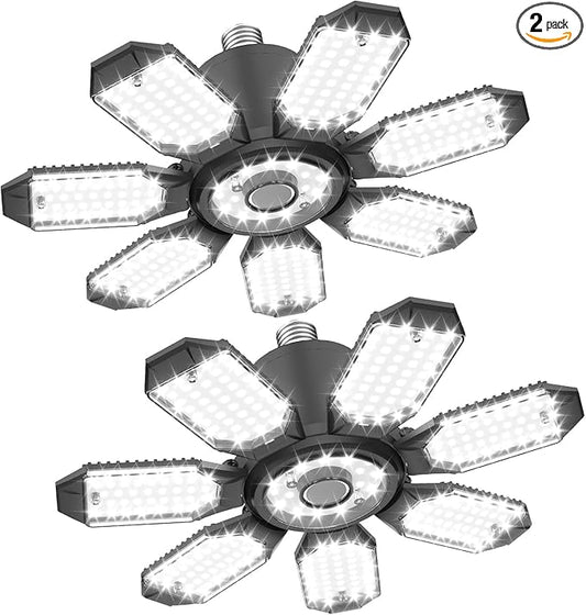 TANBABY 2 Pack LED Garage Lights, 250W Deformable Garage Light Bulb, Total 30000LM 6500K Daylight, 7+1 Adjustable Panels, E26/E27 Screw-in Ceiling Light for Basement