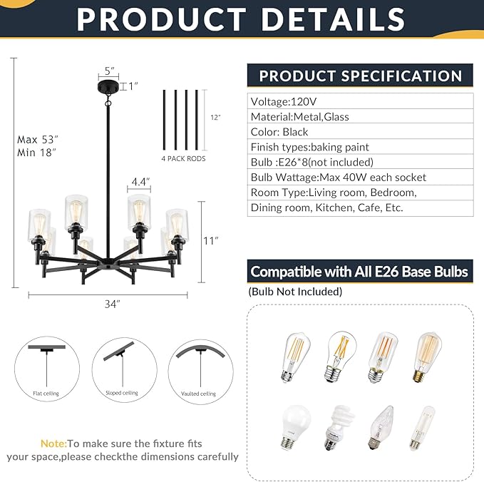 LIGHTDAMY Black Chandeliers for Dining Room Light Fixture, Modern Farmhouse Chandelier, 8 Lights with Clear Glass Shade Industrial Hanging Lighting for Living Room Kitchen Island Bedroom