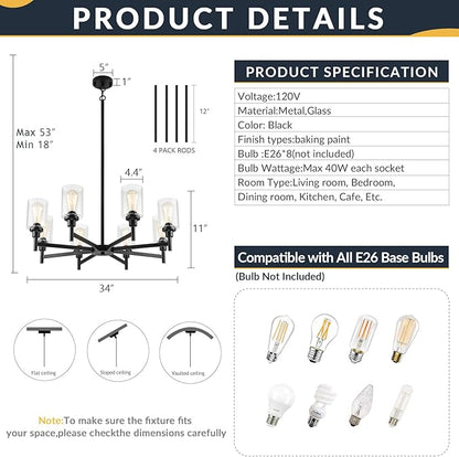 LIGHTDAMY Black Chandeliers for Dining Room Light Fixture, Modern Farmhouse Chandelier, 8 Lights with Clear Glass Shade Industrial Hanging Lighting for Living Room Kitchen Island Bedroom