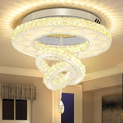 Flashing God Dia 24" Crystal Chandelier Crystal Silver Ceiling Light Fixtures LED Flush Mount Ceiling Light for Living Room Bedrooms Dining Room Dimmable 2700k 4500k 6000k