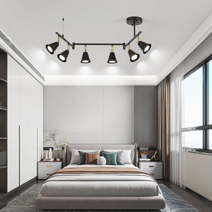6-Light Modern Track Lighting Fixtures Ceiling, Flexible Foldable Arm and Rotatable Light Head,Black Kitchen Track Lighting for Kitchen Islands, Dining Rooms, Bars, Closets, Workbenches.