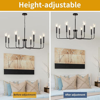 Farmhouse Candle Chandelier, 8 Light Rustic Black Ceiling Pendant Light Fixture, L-Arm Design Industrial Dining Room Hanging Lighting for Living Room, Entryway, Foyer, Kitchen Island