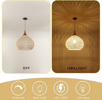 20" Large Rattan Pendant Light, Rattan Chandelier Hand-Woven Boho Pendant Light Fixtures with Solid Wood, Basket Wicker Chandelier for Dining Room Kitchen Island Living Room