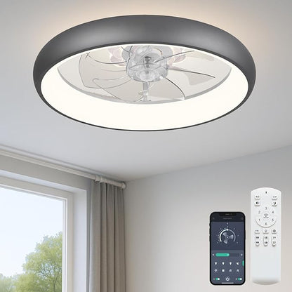 Fszdorj 20'' Ceiling Fan with Light, Upgraded Low Profile Fan, Flush Mount Ceiling Fan, 6 Speeds, Dimmable LED, App & Remote Control, Quiet DC Motor, for Bedroom, Living Room, F109 Grey