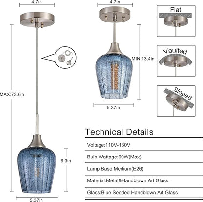 Viinew Mini Glass Pendant Light,5.4" Tulip Flower Shape Dark Blue Glass Hanging Light,1-Pack Handblown Clear Blue Seeded Shade Adjustable Cord Ceiling Light Fixture for Kitchen Island Sink