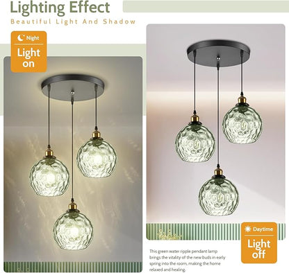 3-Light Pendant Lighting Green Hammered Glass Kitchen Light Fixtures Ceiling Hanging Kitchen Lights Over Island Mid Century Modern Globe Cluster Chandelier Black and Gold for Dining Room